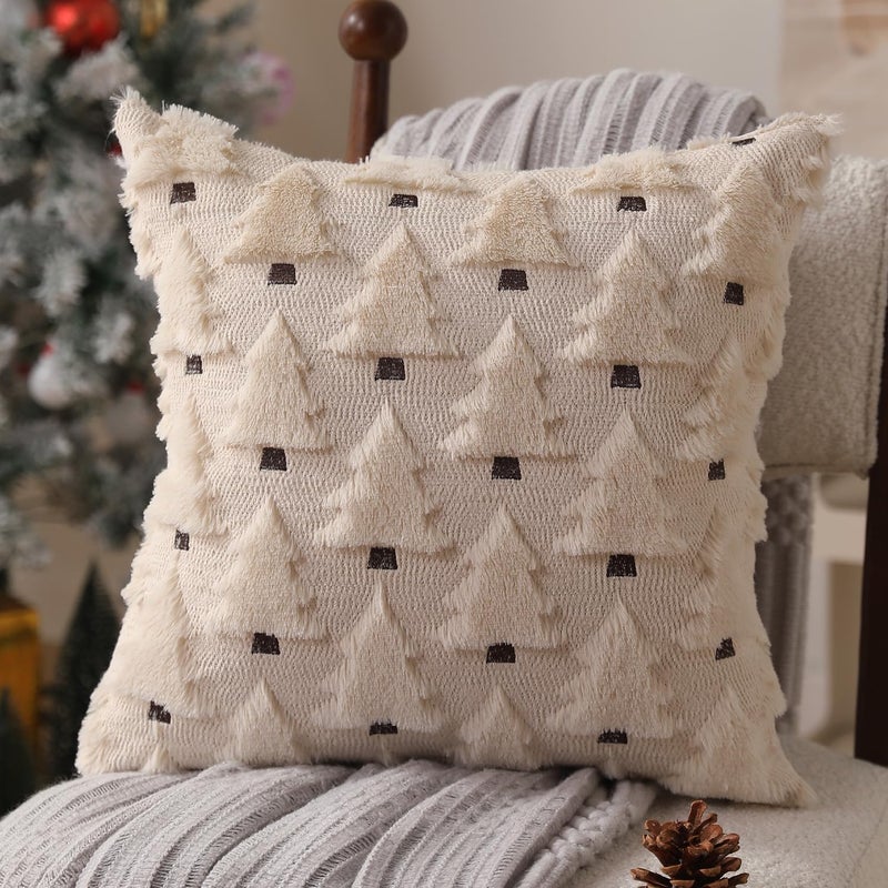 Allorry Christmas Pillow Covers 16x16 inch Set of 2 Xmas Decorations Soft Plush Faux Fur Wool Beige Christmas Tree Throw Pillow Cases Winter Holiday Decor for Sofa Living Room PT-002C16 - Image 3